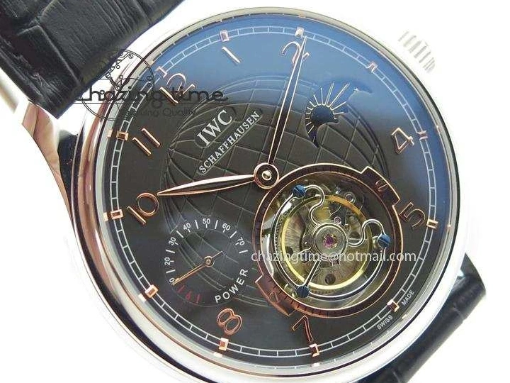 MIROTIME 0428 Portuguese Tourbillon Power Reserve Moonphase SS Black Dial Gold Numbers On Black Leather Strap RelaxedFit 7320